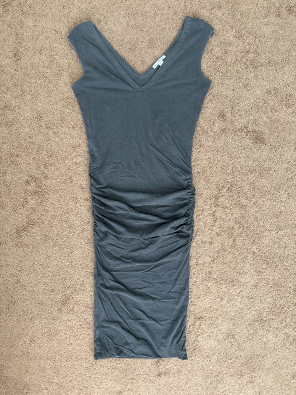 James Perse Charcoal Gray V-Neck Sleeveless Ruched Midi Dress